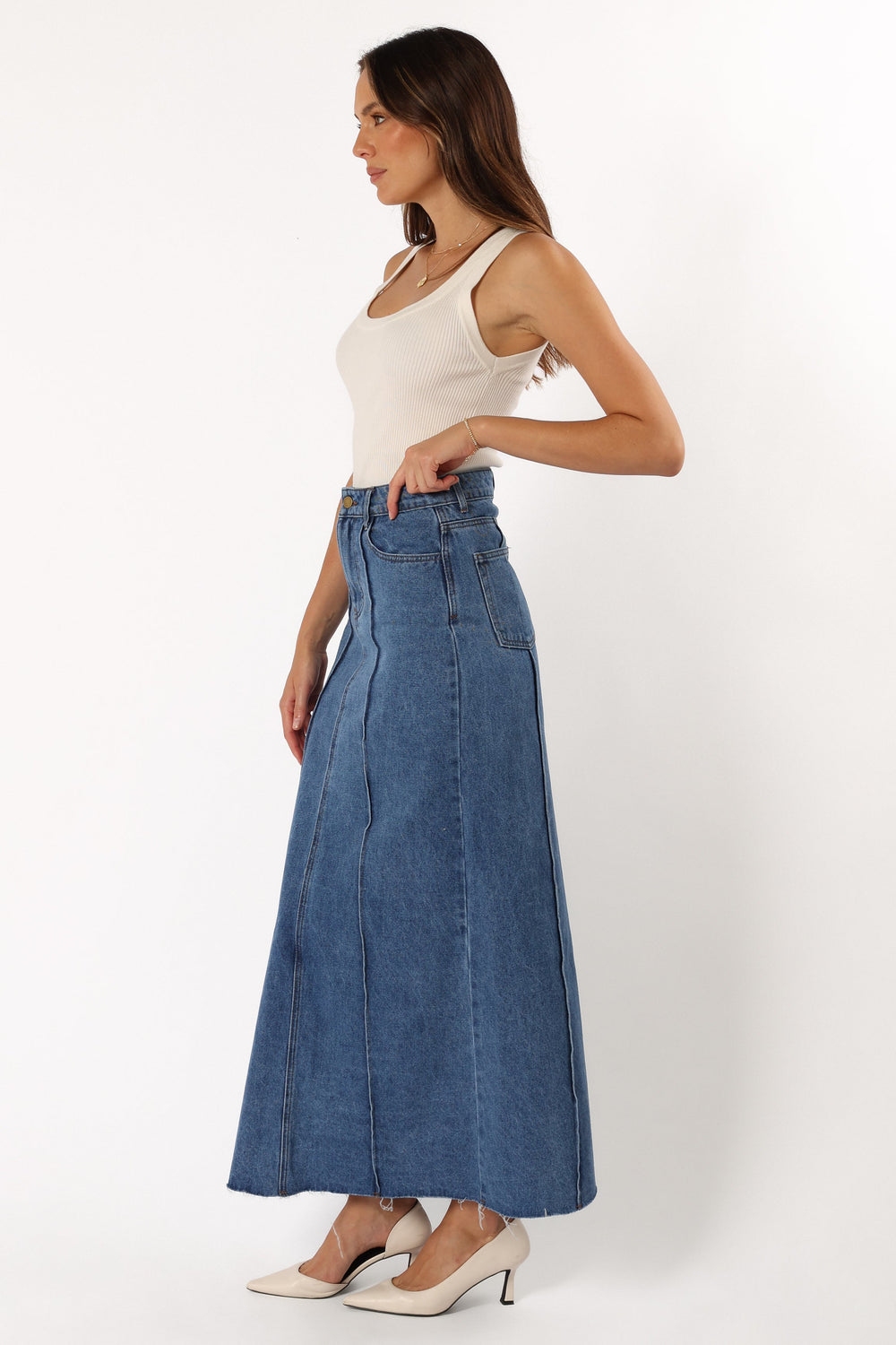 BOTTOMS @Peggie Denim Midi Skirt - Blue (Hold for Cool Beginnings)