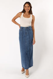 BOTTOMS @Peggie Denim Midi Skirt - Blue (Hold for Cool Beginnings)