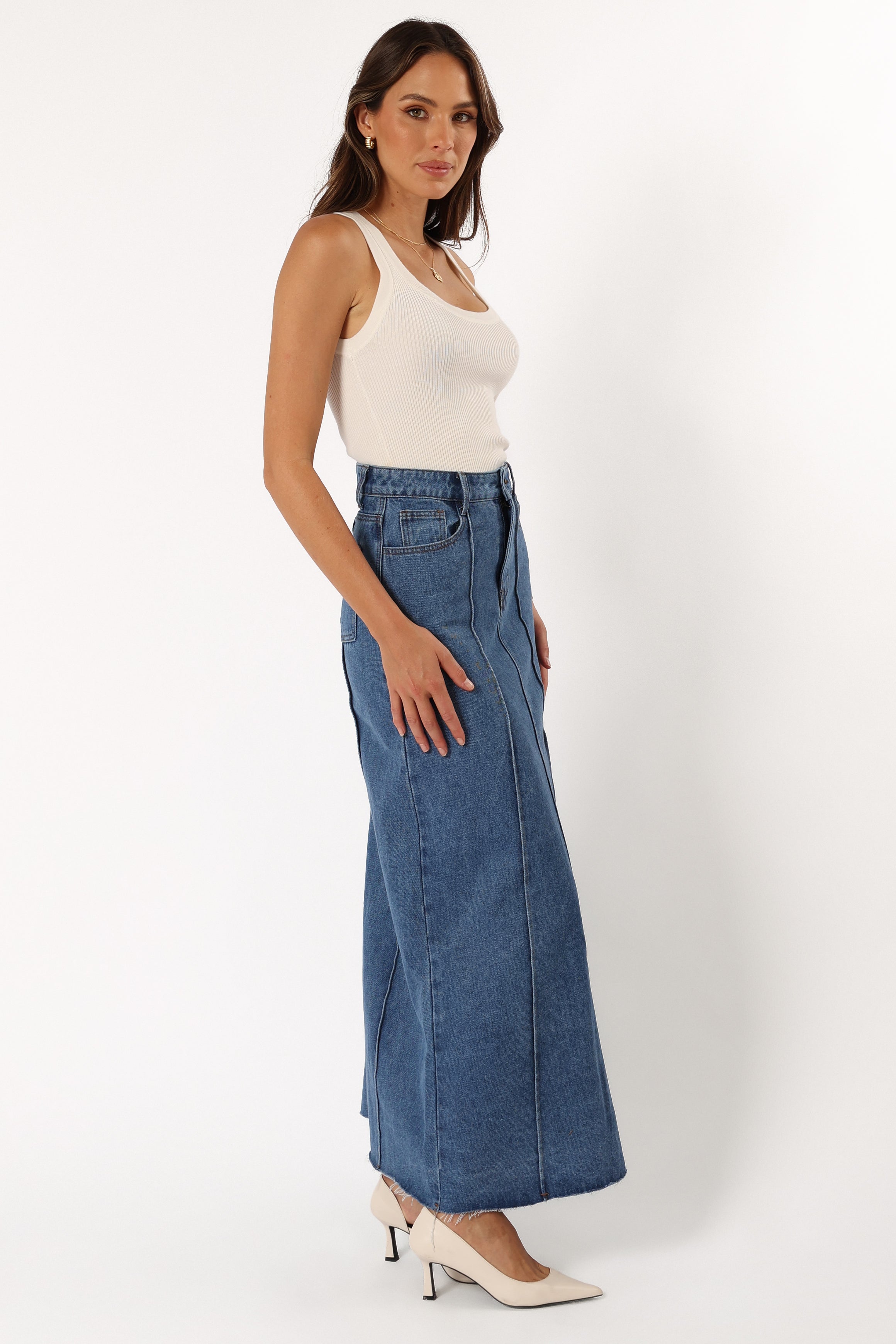 BOTTOMS @Peggie Denim Midi Skirt - Blue (Hold for Cool Beginnings)