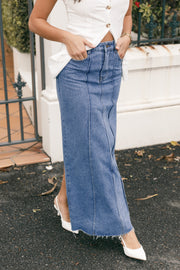 BOTTOMS @Peggie Denim Midi Skirt - Blue (Hold for Cool Beginnings)