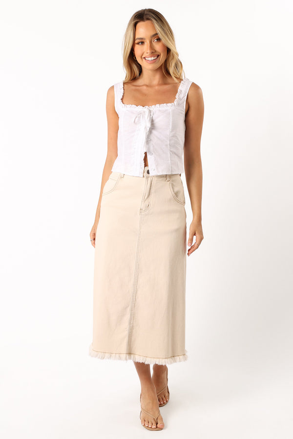 BOTTOMS @Pia Denim Midi Skirt - Ecru