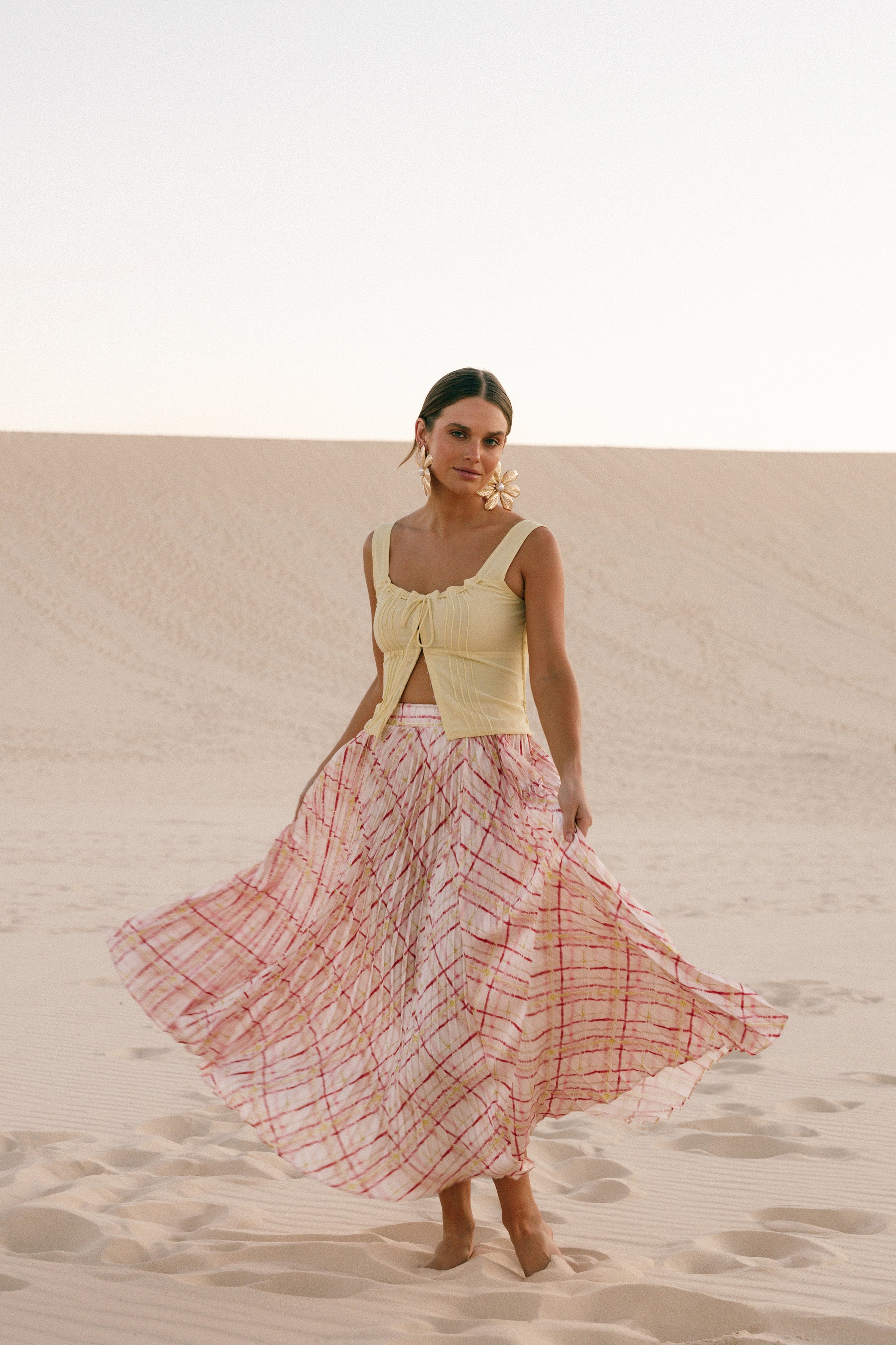 BOTTOMS Polina Pleated Maxi Skirt - Sunset Check