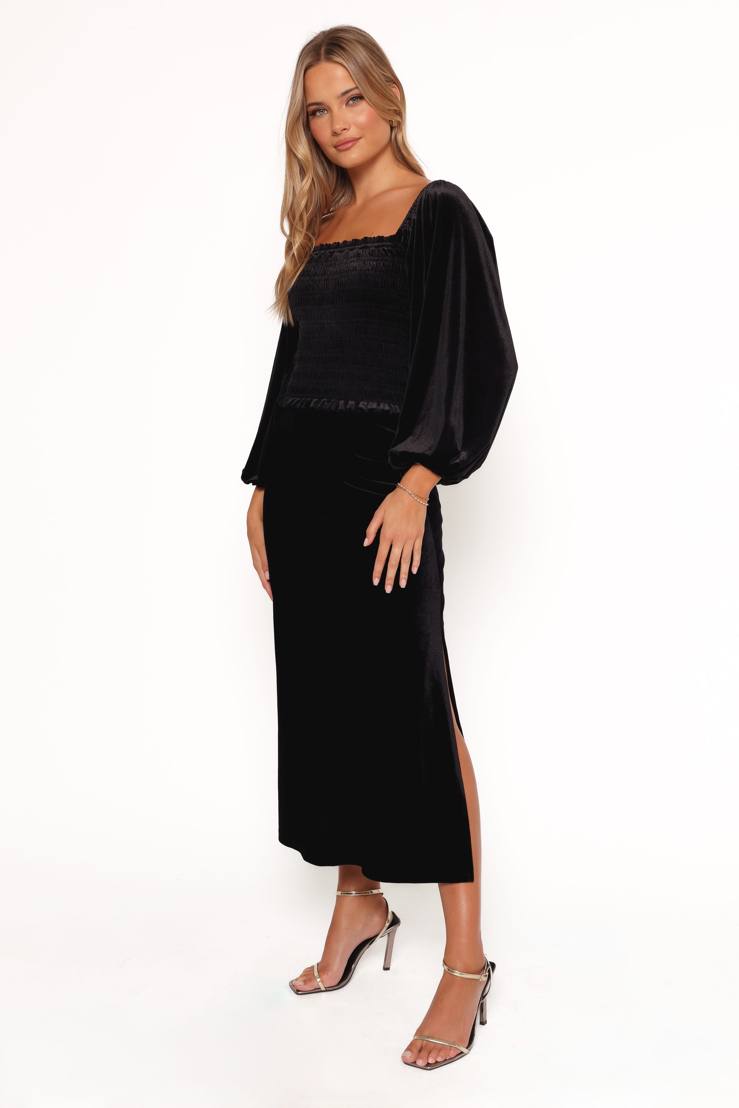 BOTTOMS Raelynn Velvet Midi Skirt - Black