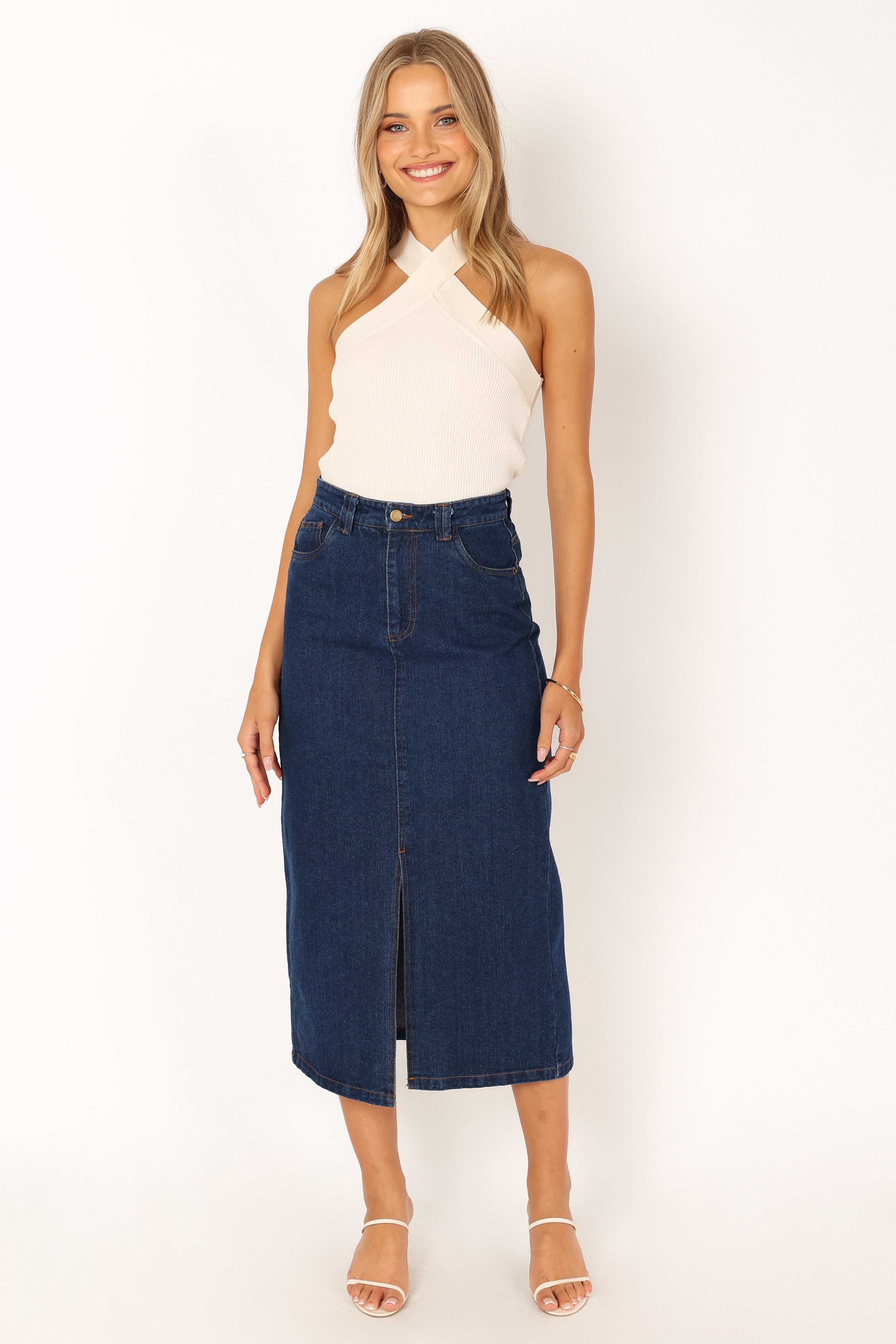 BOTTOMS @Rana Denim Midi Skirt - Dark Denim