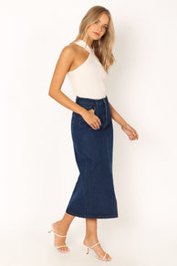 BOTTOMS @Rana Denim Midi Skirt - Dark Denim