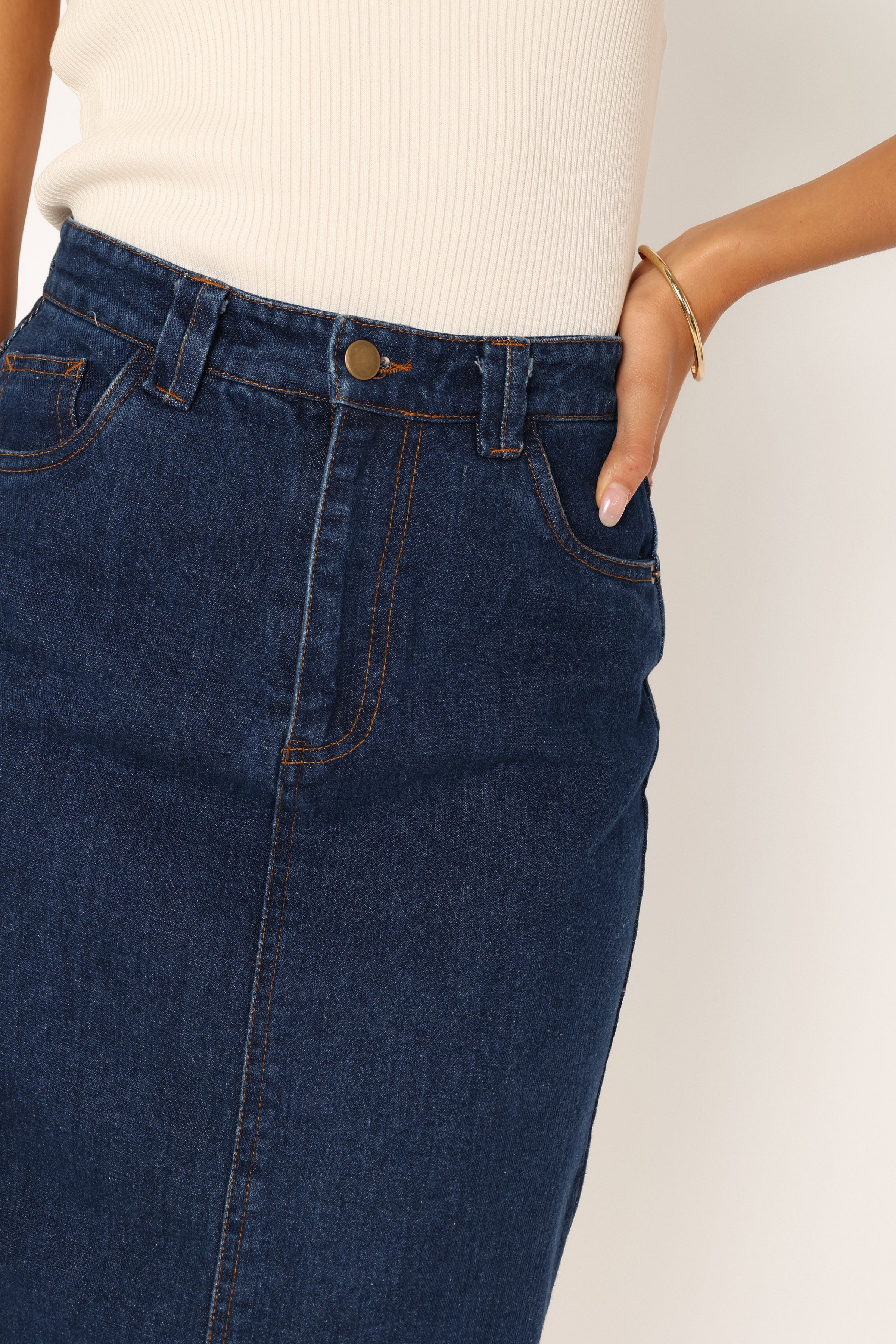 BOTTOMS @Rana Denim Midi Skirt - Dark Denim