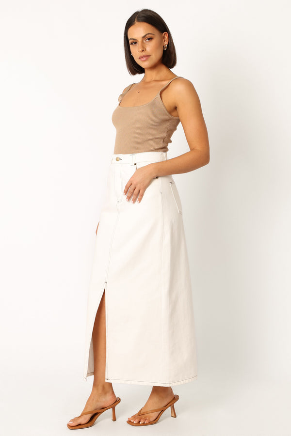 BOTTOMS @Rana Denim Midi Skirt - White