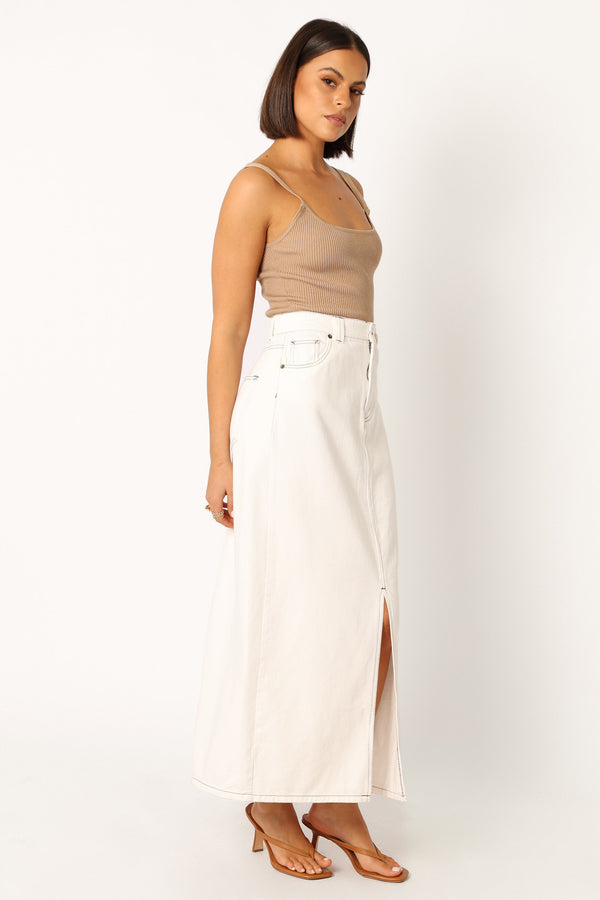 BOTTOMS @Rana Denim Midi Skirt - White