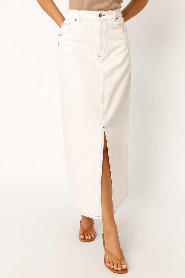 BOTTOMS @Rana Denim Midi Skirt - White