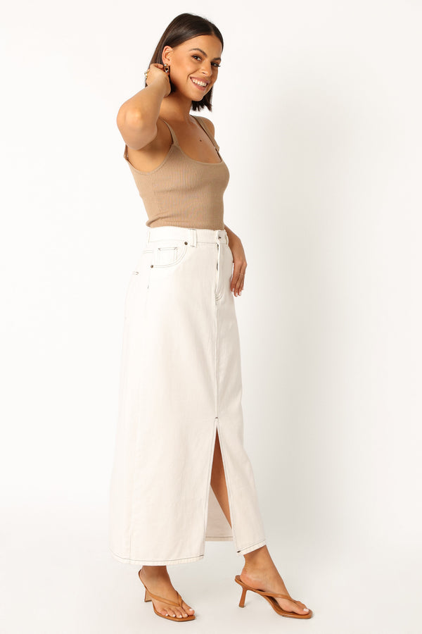 BOTTOMS @Rana Denim Midi Skirt - White