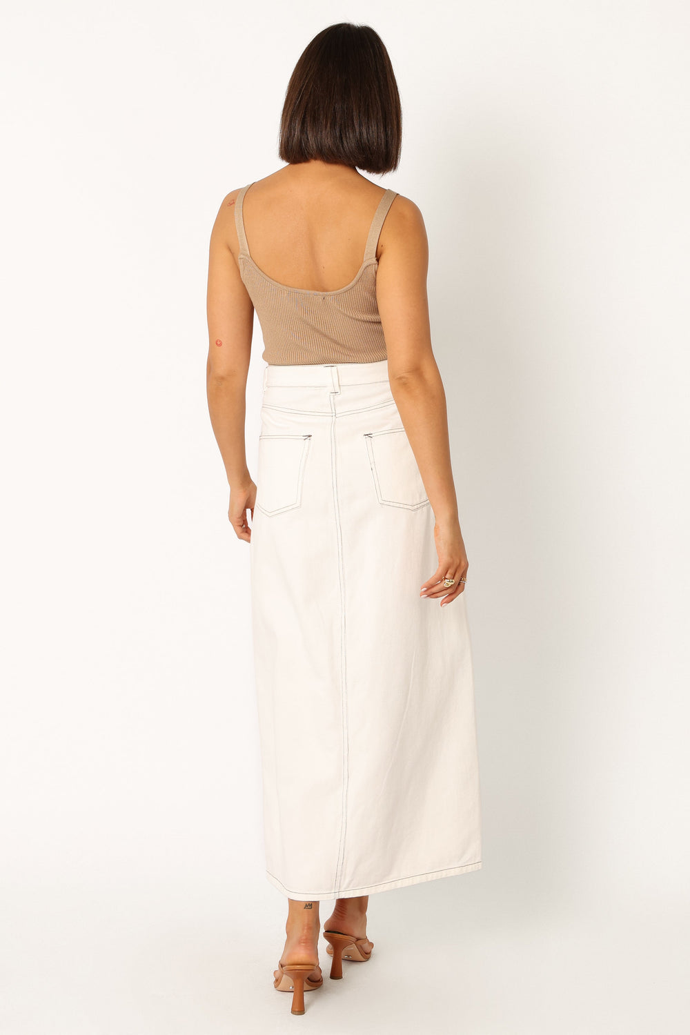 BOTTOMS @Rana Denim Midi Skirt - White