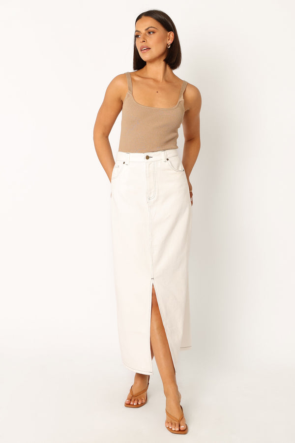 BOTTOMS @Rana Denim Midi Skirt - White