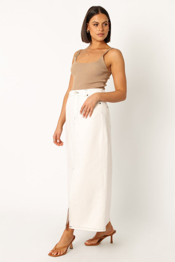 BOTTOMS @Rana Denim Midi Skirt - White