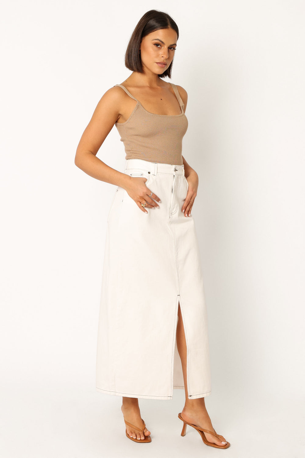 BOTTOMS @Rana Denim Midi Skirt - White