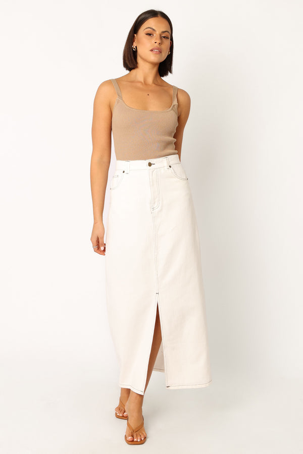 BOTTOMS @Rana Denim Midi Skirt - White