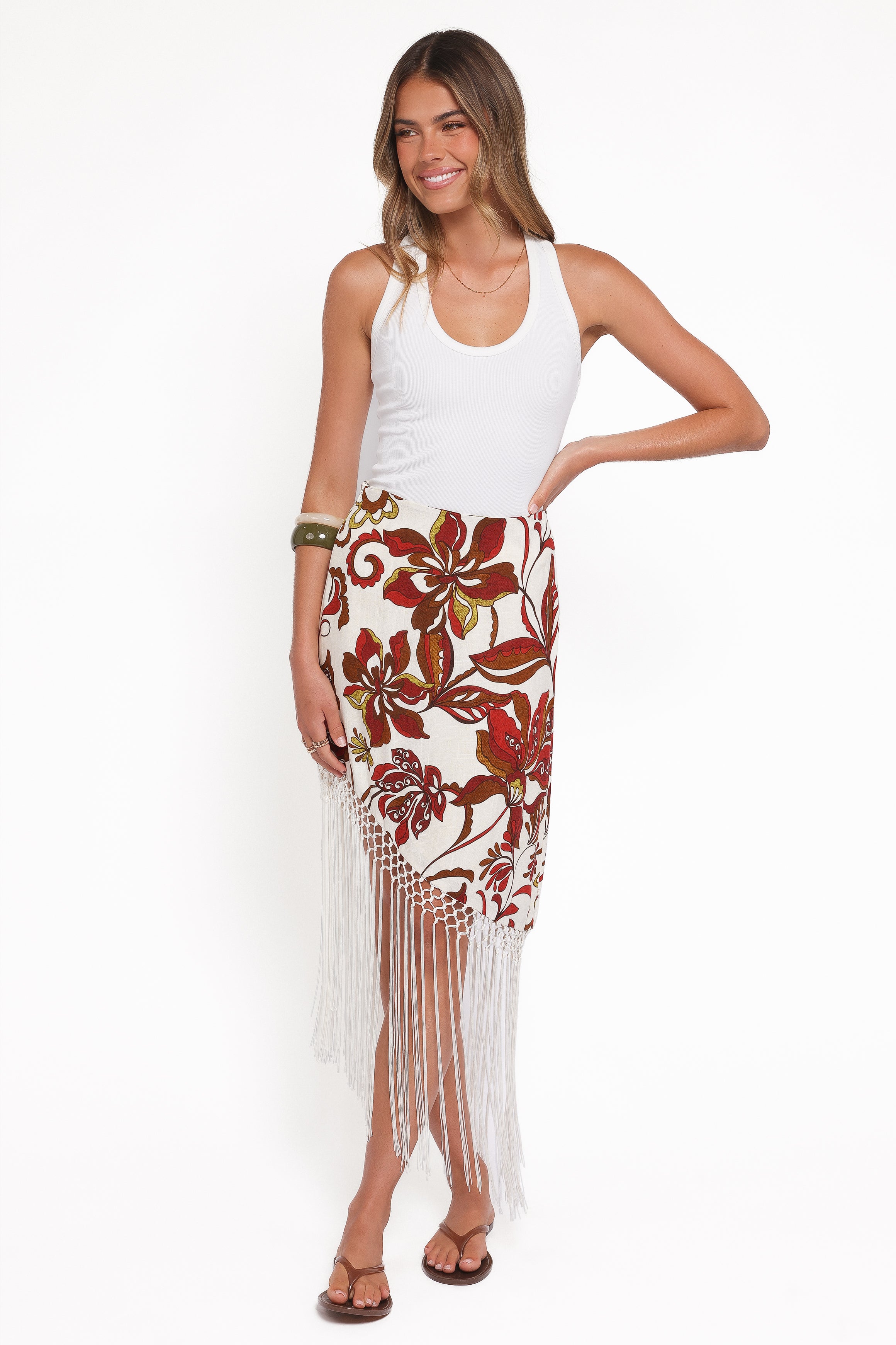 BOTTOMS Shelby Midi Fringe Skirt - Brown Floral