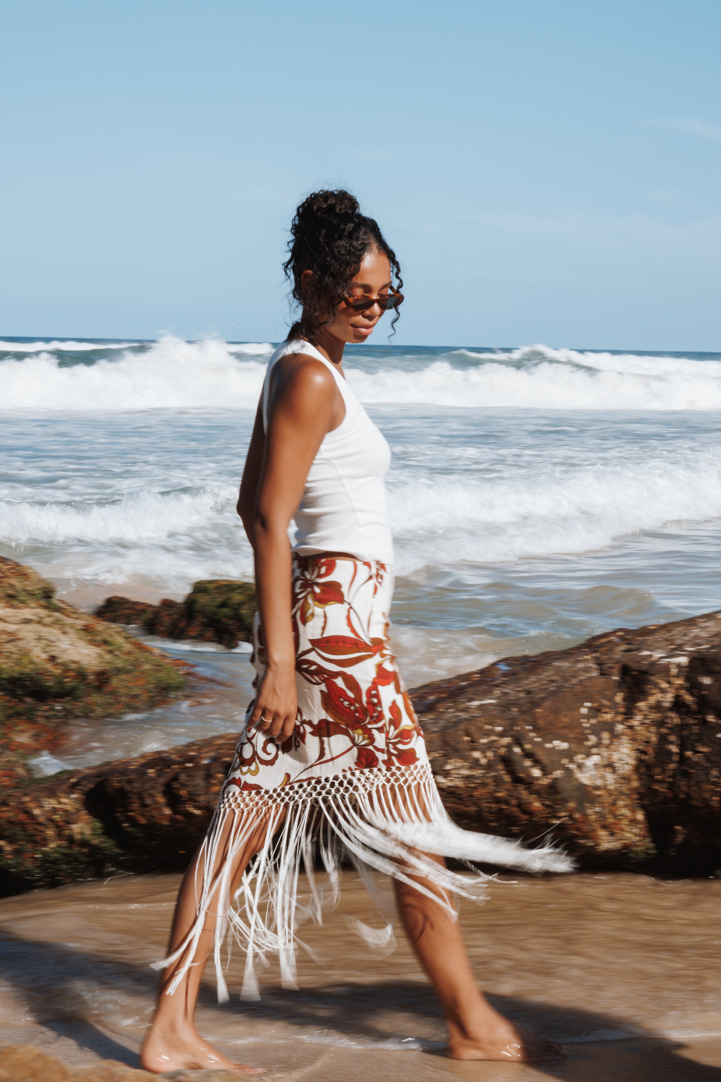 BOTTOMS Shelby Midi Fringe Skirt - Brown Floral