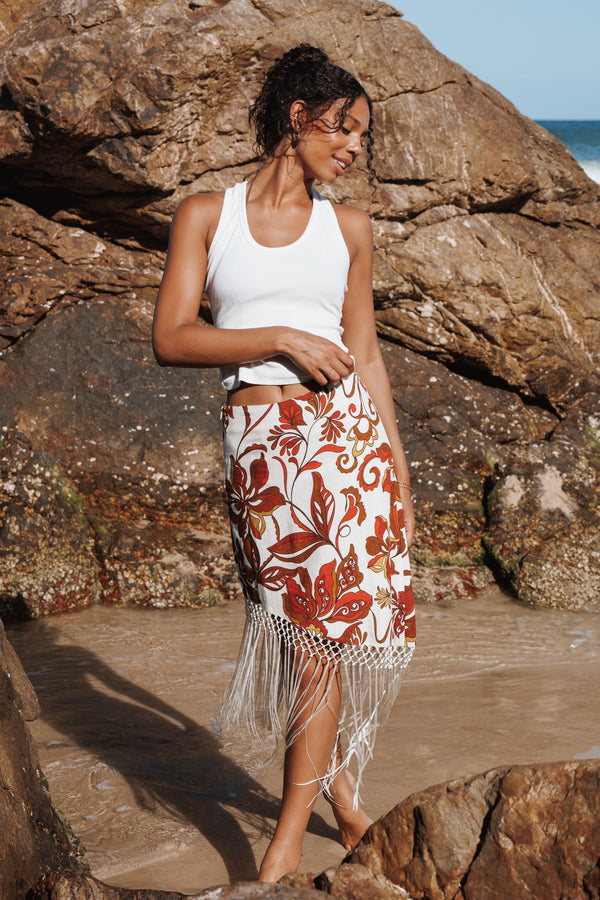 BOTTOMS Shelby Midi Fringe Skirt - Brown Floral