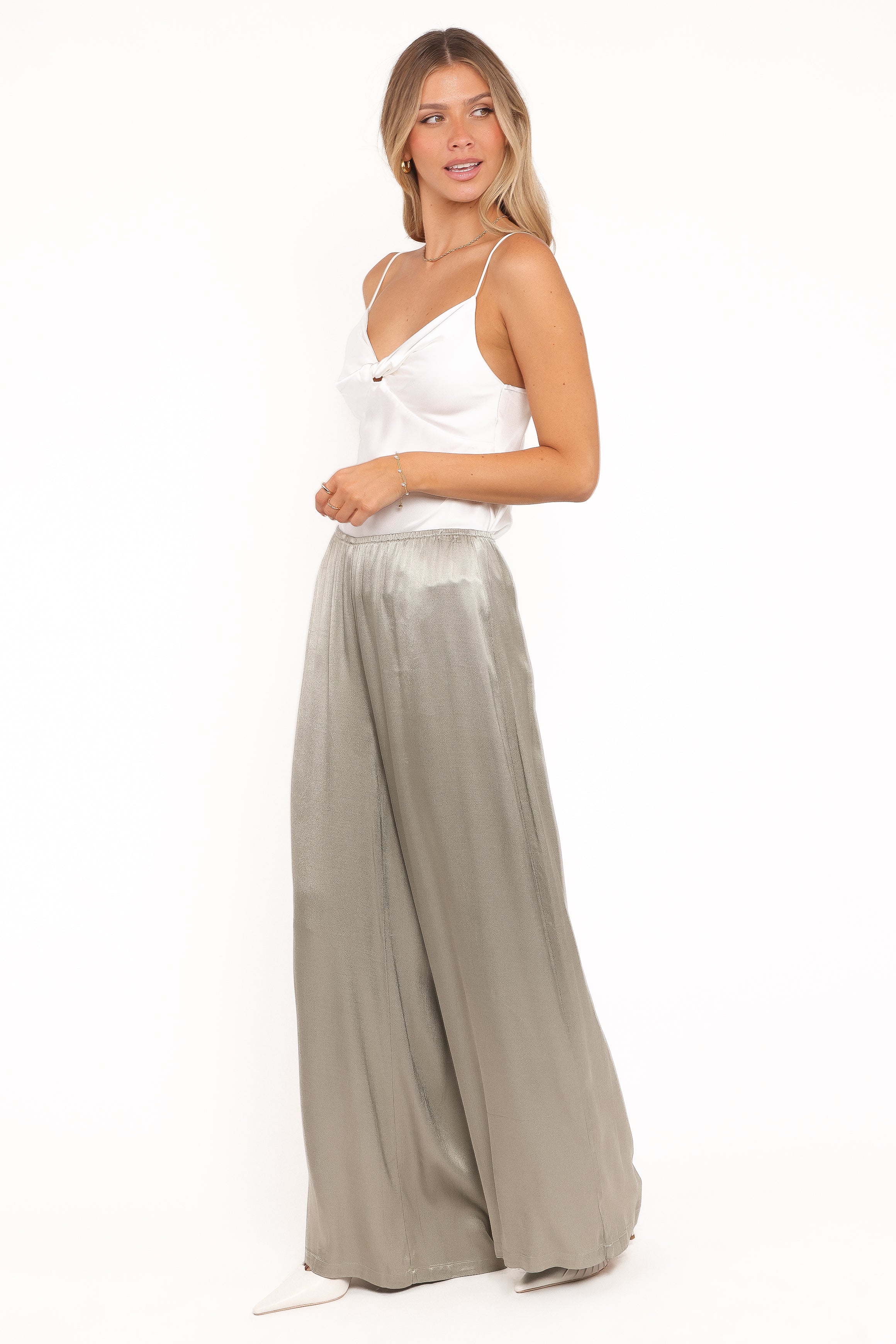 BOTTOMS Sullivan Wide Leg Satin Pant - Sage