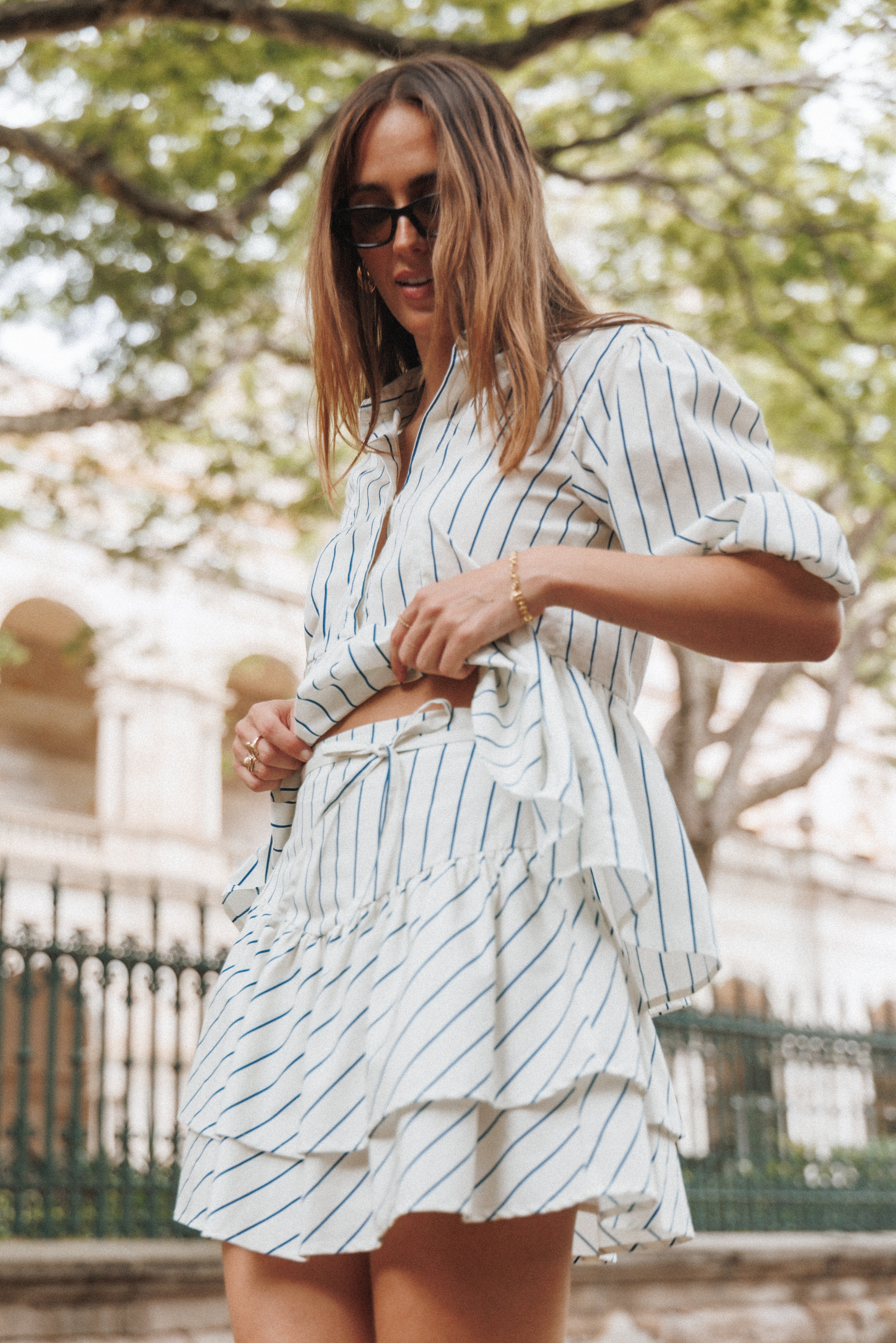 BOTTOMS Sybella Frill Basque Skirt - Yellow/Blue Stripe