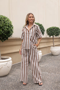 BOTTOMS Thalia Wide Leg Pant - Chocolate Stripe