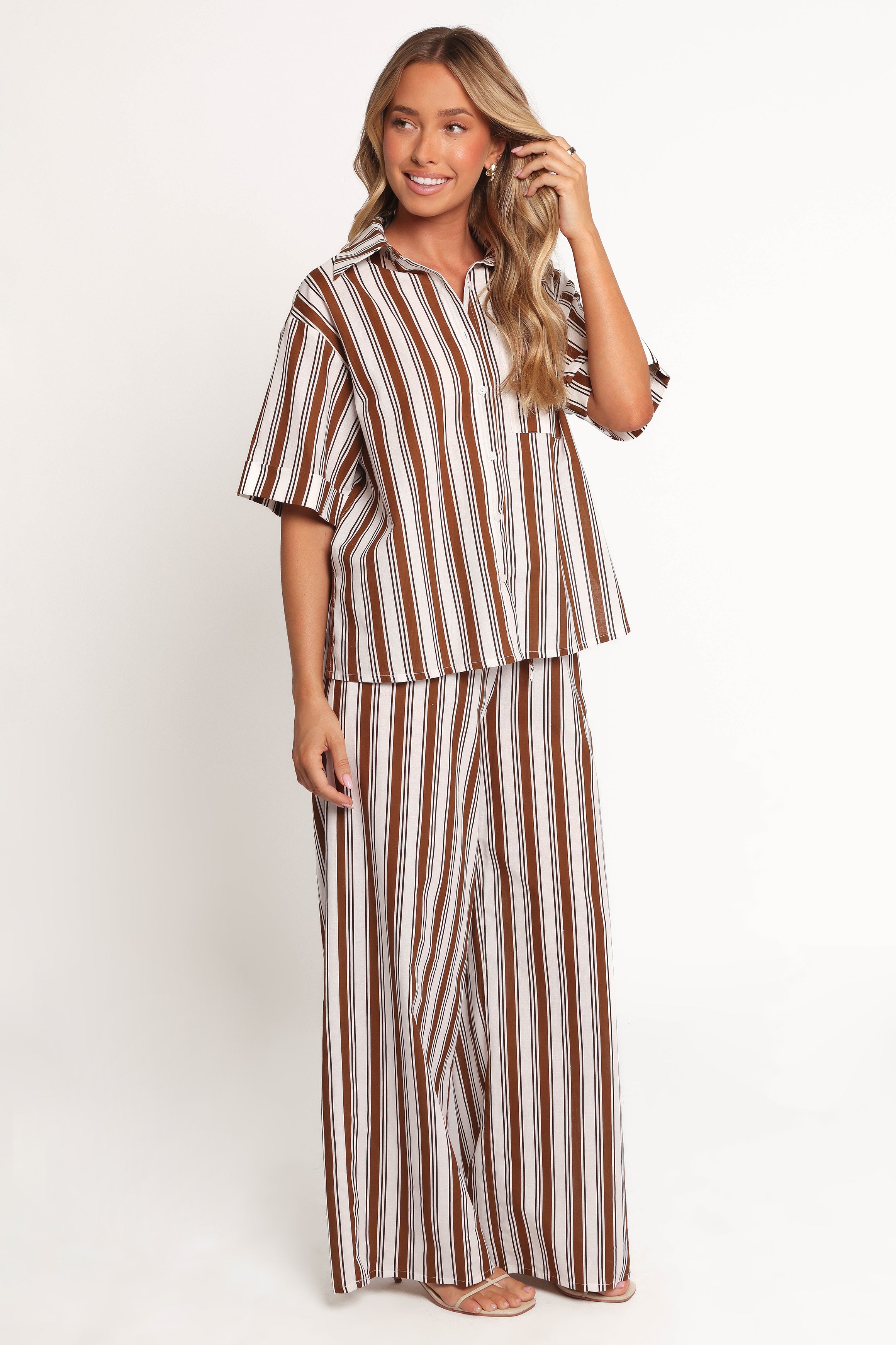 BOTTOMS Thalia Wide Leg Pant - Chocolate Stripe