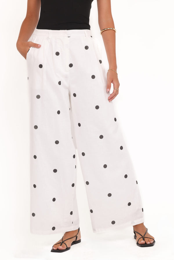 BOTTOMS Valora Wide Leg Pant - White Black Polka Dot