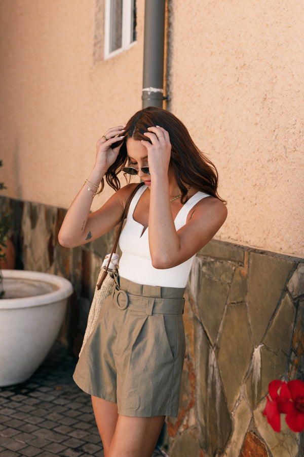 BOTTOMS @Vero Belted Short - Khaki (Hold for Euro Summer)