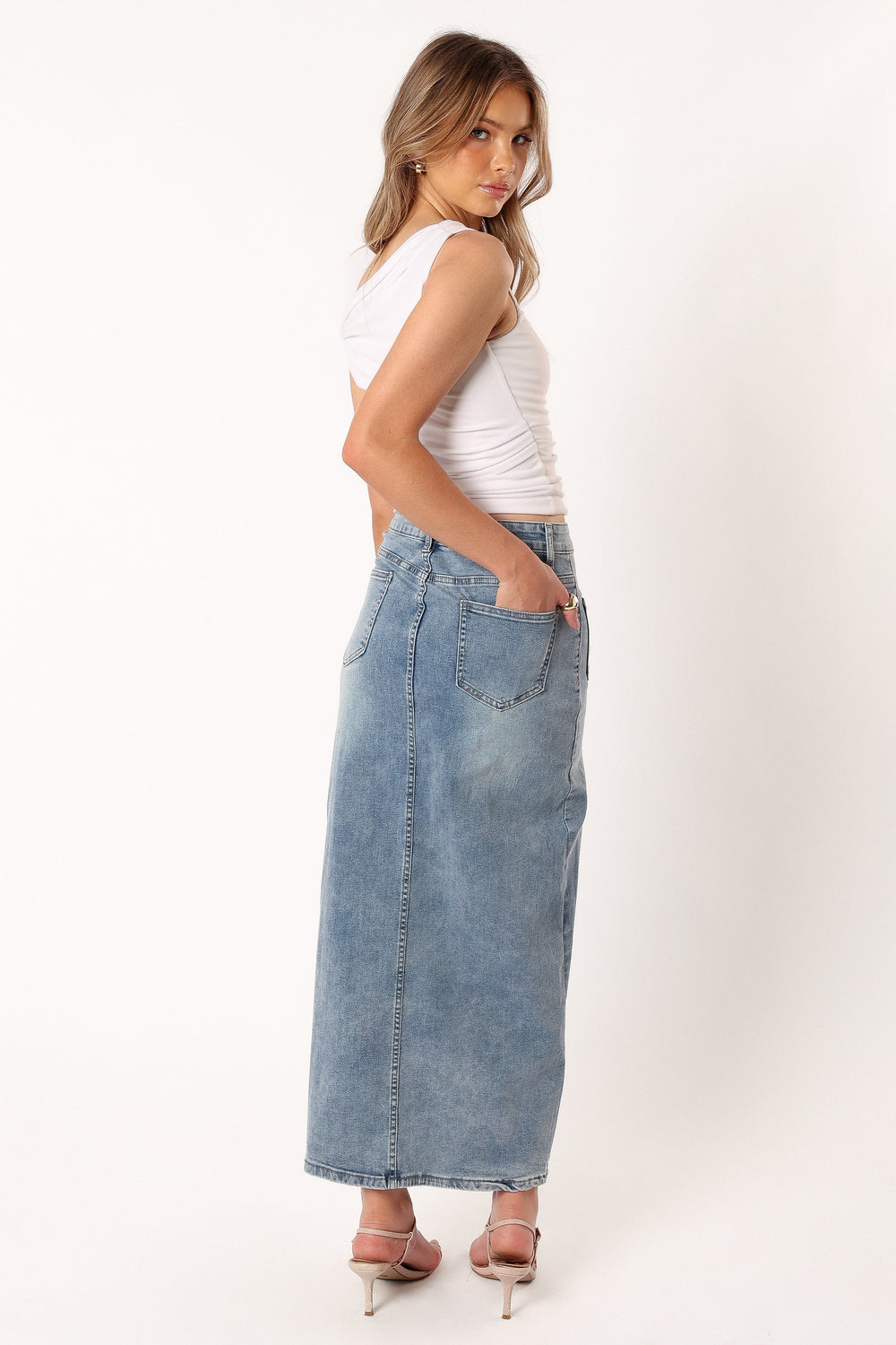 BOTTOMS @Weller Denim Midi Skirt - Light Denim
