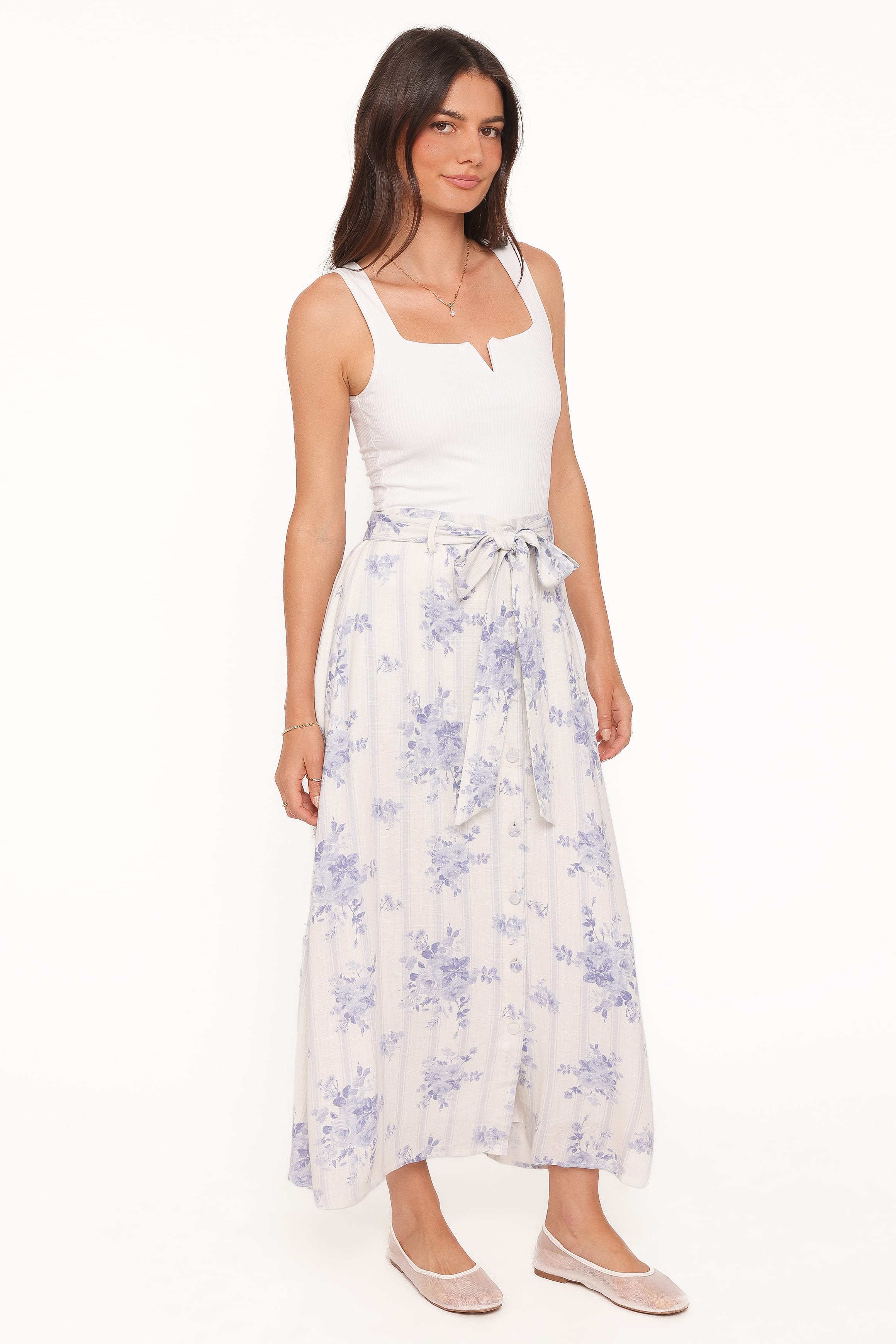 BOTTOMS @Xander Tie Waist Midi Skirt - Lilac Floral