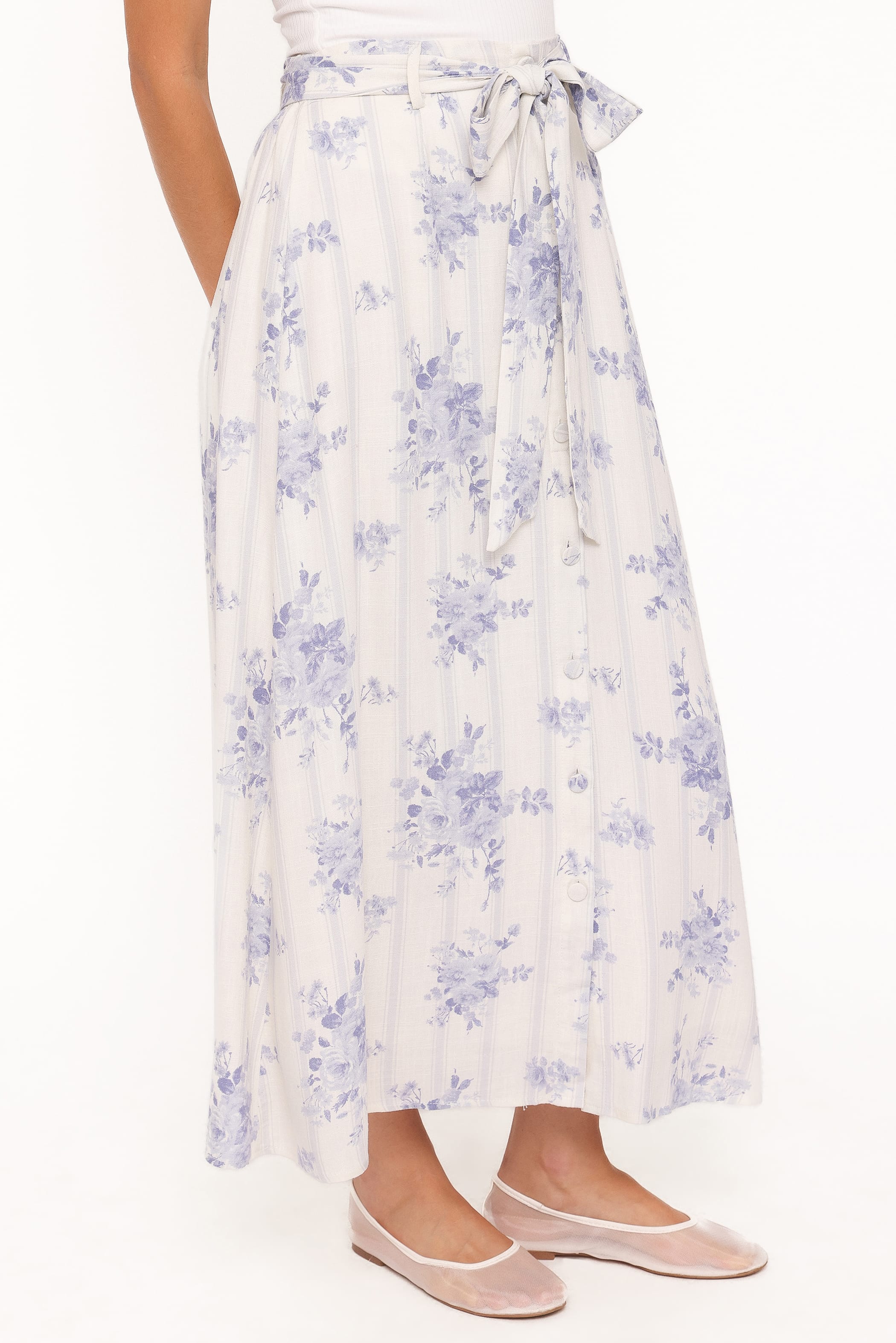 BOTTOMS @Xander Tie Waist Midi Skirt - Lilac Floral