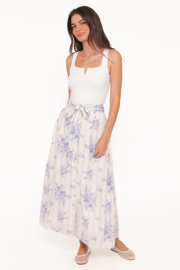 BOTTOMS @Xander Tie Waist Midi Skirt - Lilac Floral