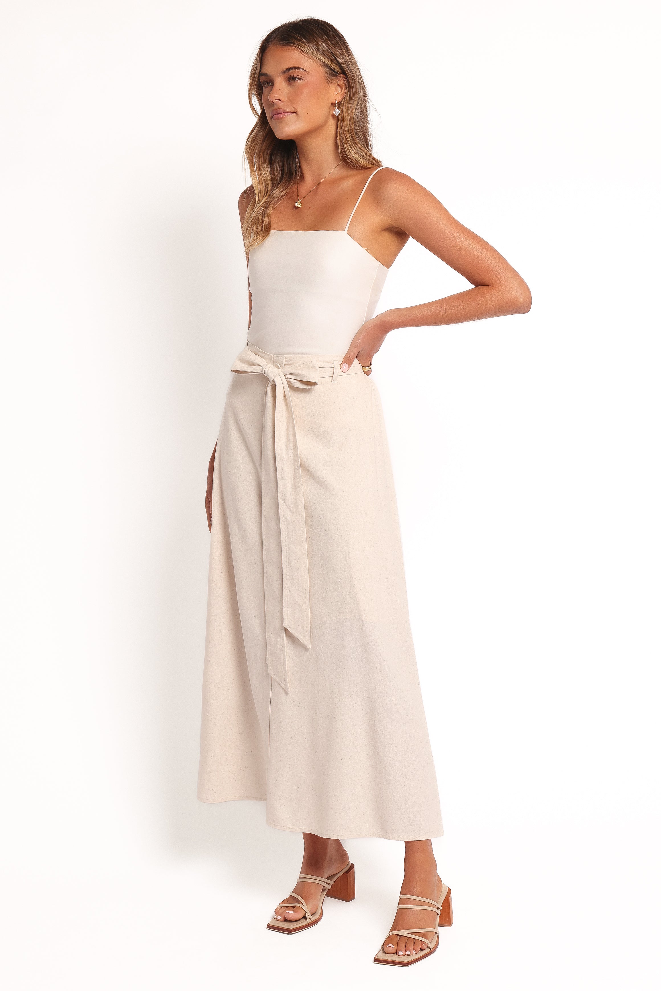 BOTTOMS Xander Tie Waist Midi Skirt - Oatmeal