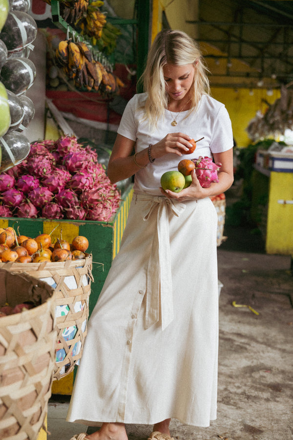 BOTTOMS Xander Tie Waist Midi Skirt - Oatmeal