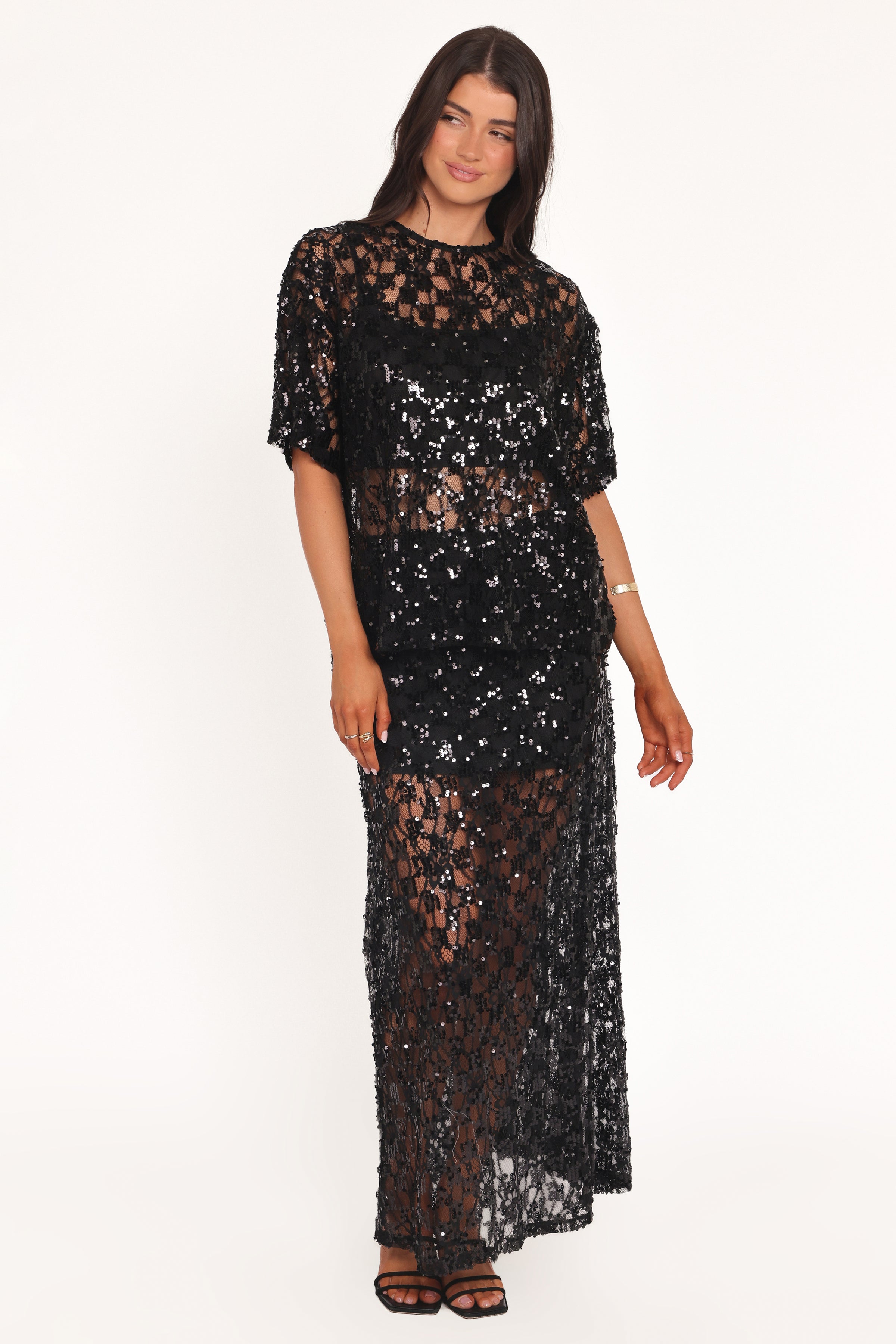 BOTTOMS Yonder Sheer Panel Lace Maxi Skirt - Black