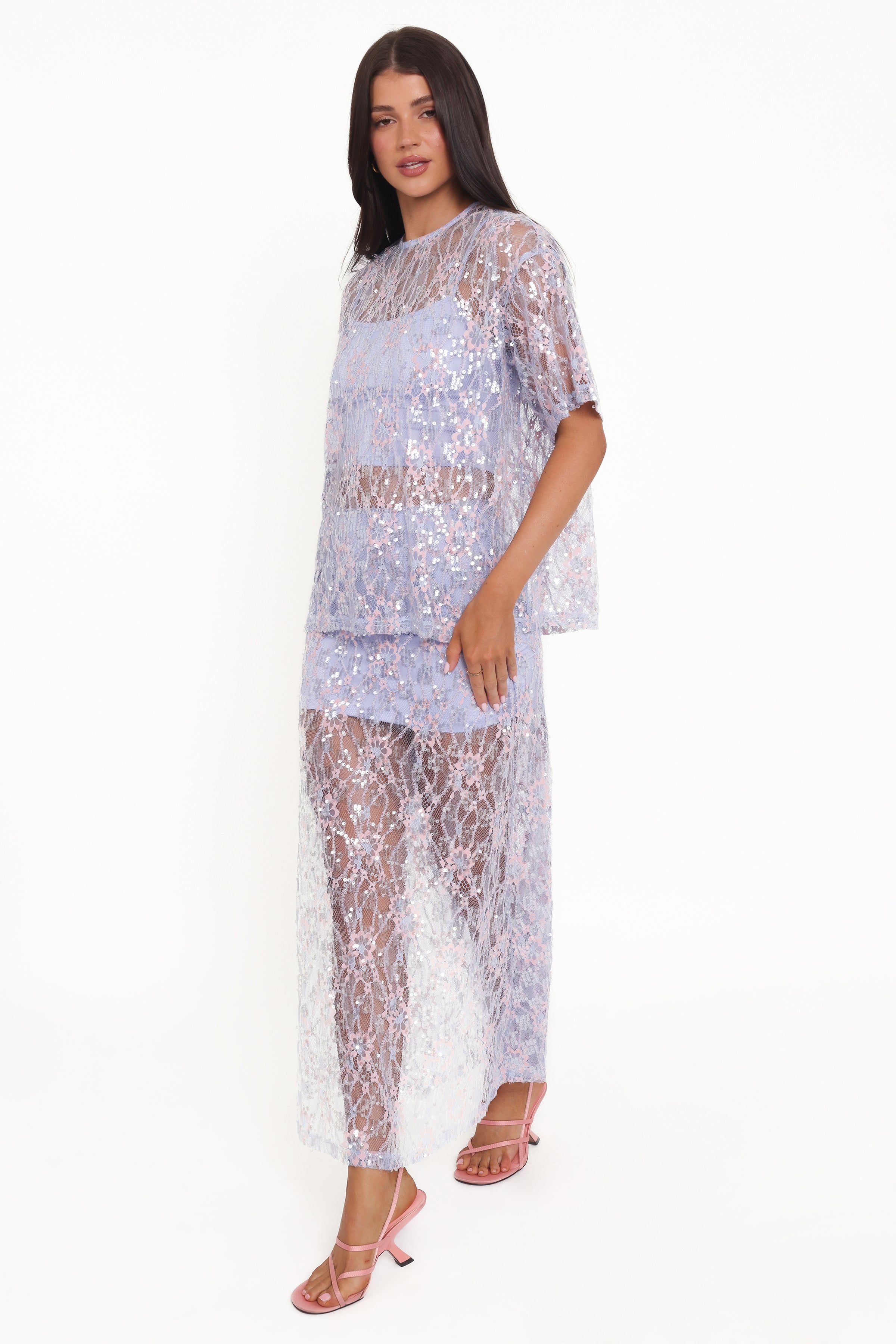 BOTTOMS @Yonder Sheer Panel Lace Maxi Skirt - Purple