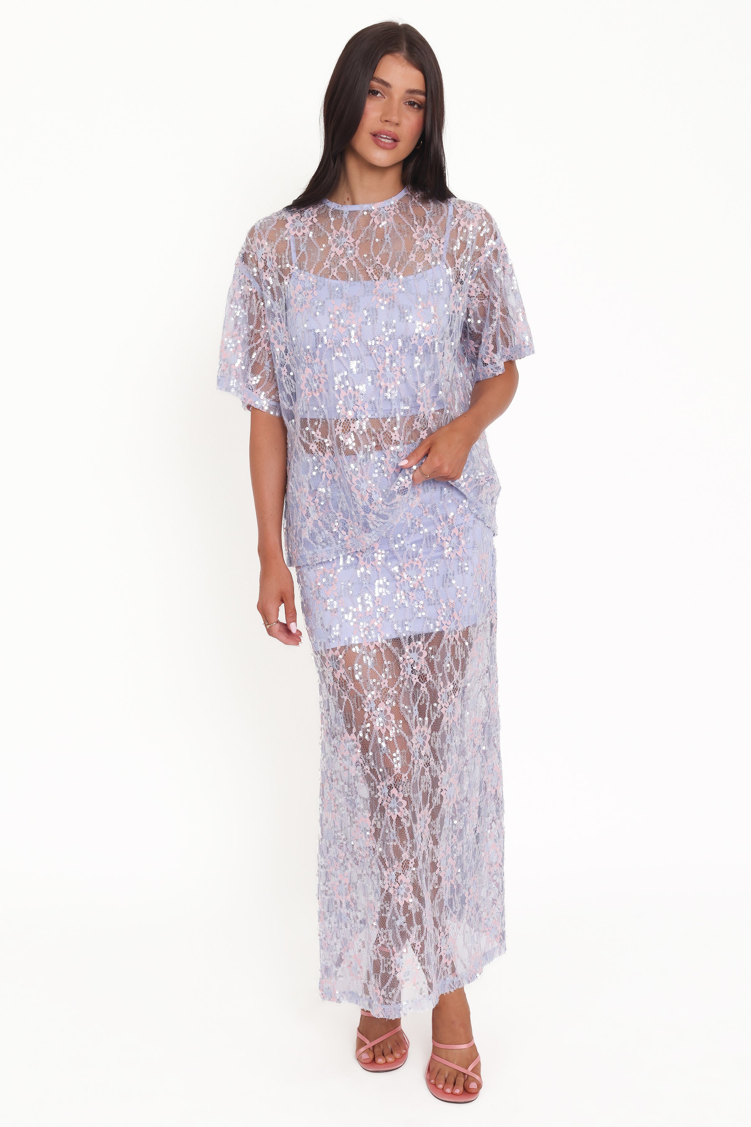 BOTTOMS @Yonder Sheer Panel Lace Maxi Skirt - Purple