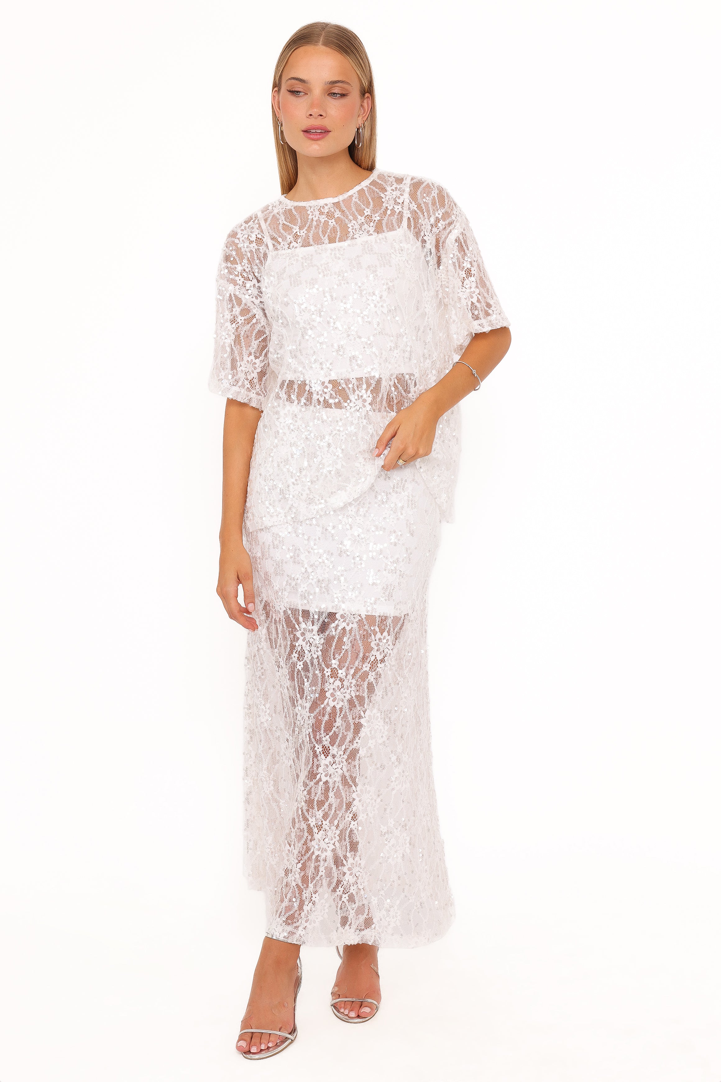 BOTTOMS Yonder Sheer Panel Lace Maxi Skirt - White