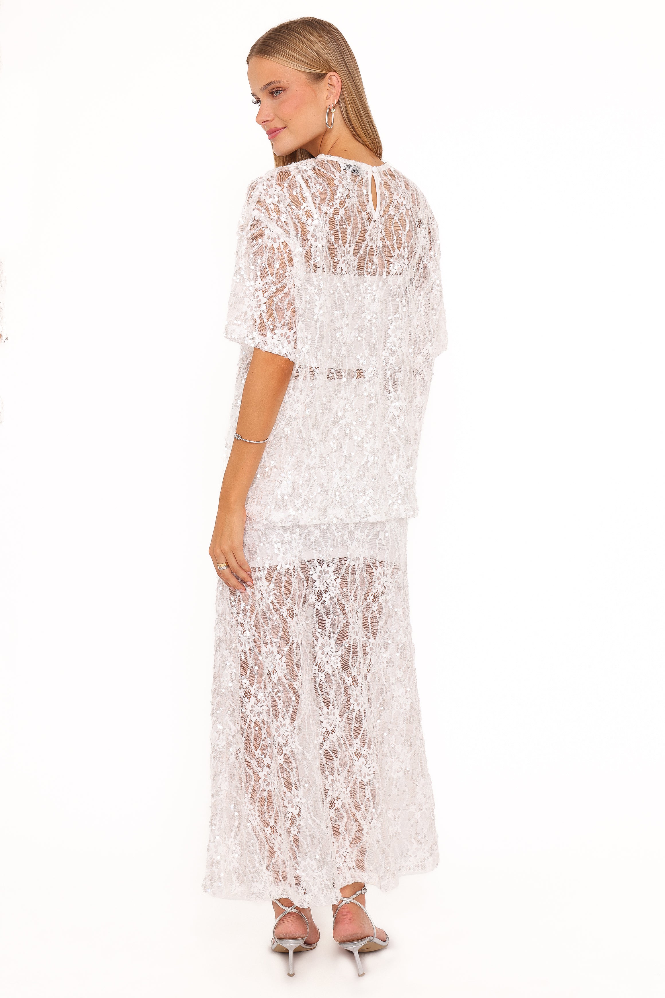 BOTTOMS Yonder Sheer Panel Lace Maxi Skirt - White