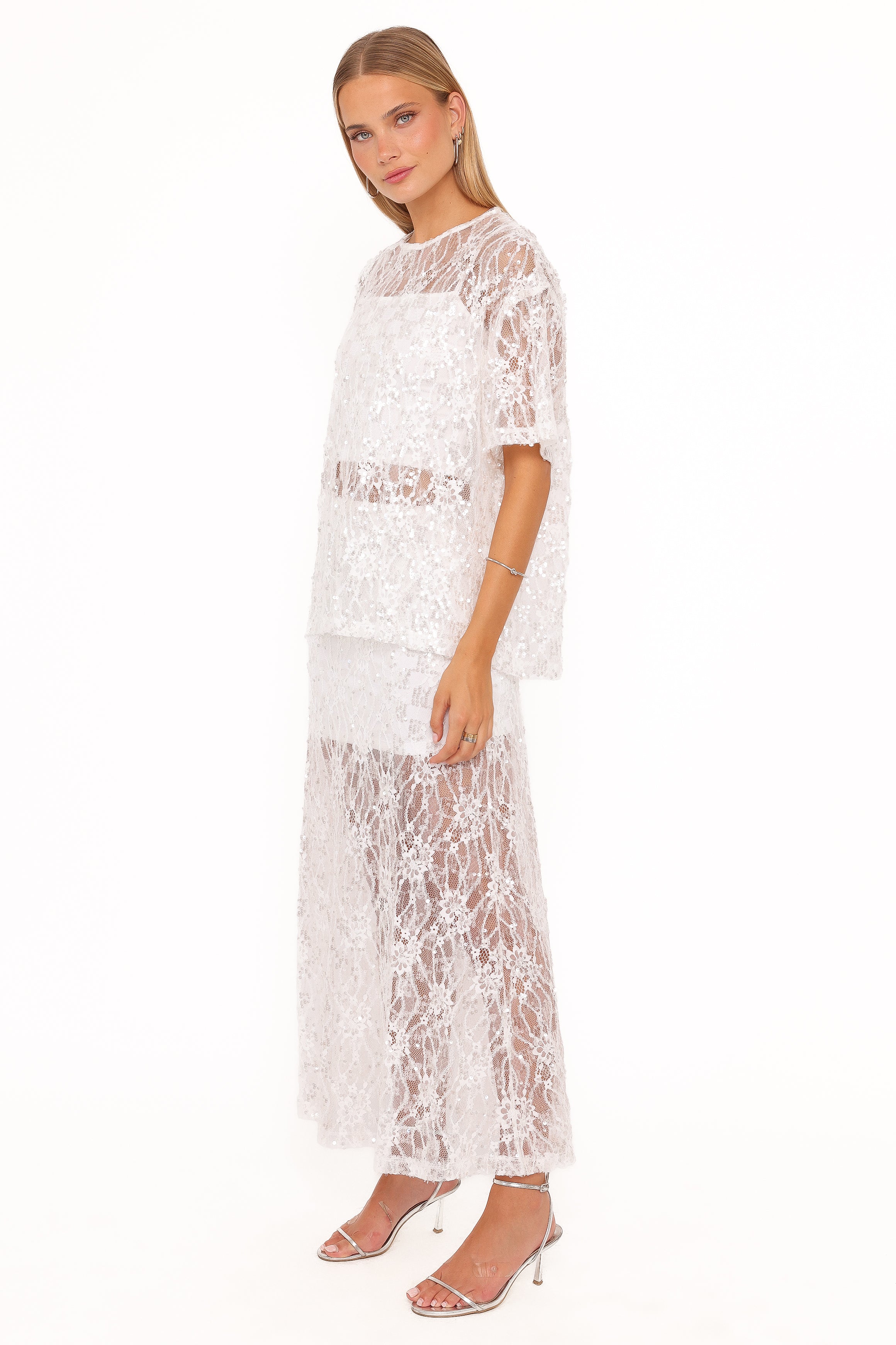 BOTTOMS Yonder Sheer Panel Lace Maxi Skirt - White
