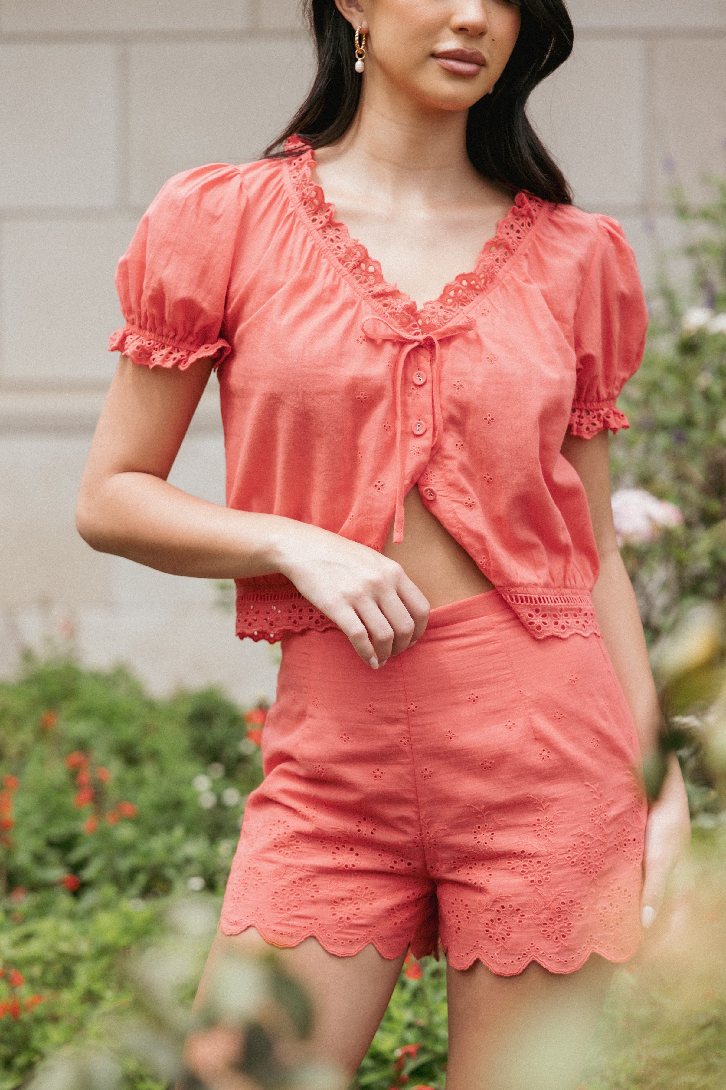 BOTTOMS Zafira Lace Trim Shorts - Coral