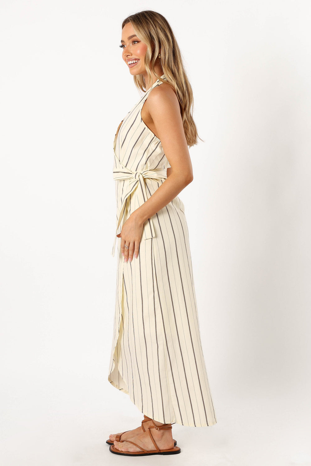 DRESSES @Abigail Wrap Midi Dress - Beige Stripe