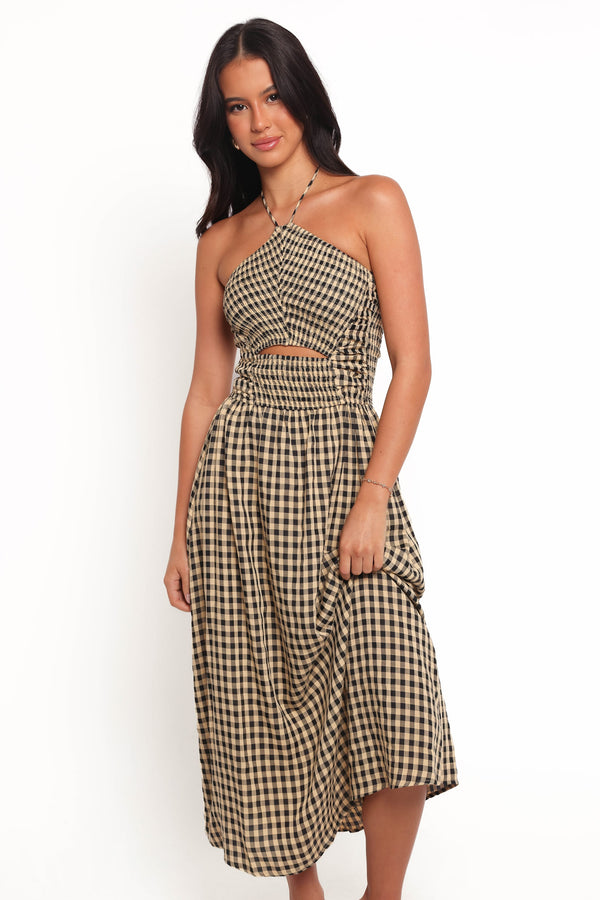 petal and pup deana stripe halter dress Deana Halterneck Midi Dress - Cream Black