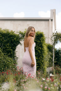 DRESSES @Allegra Lace Midi Dress - Pink (Hold for Hyper Femme)