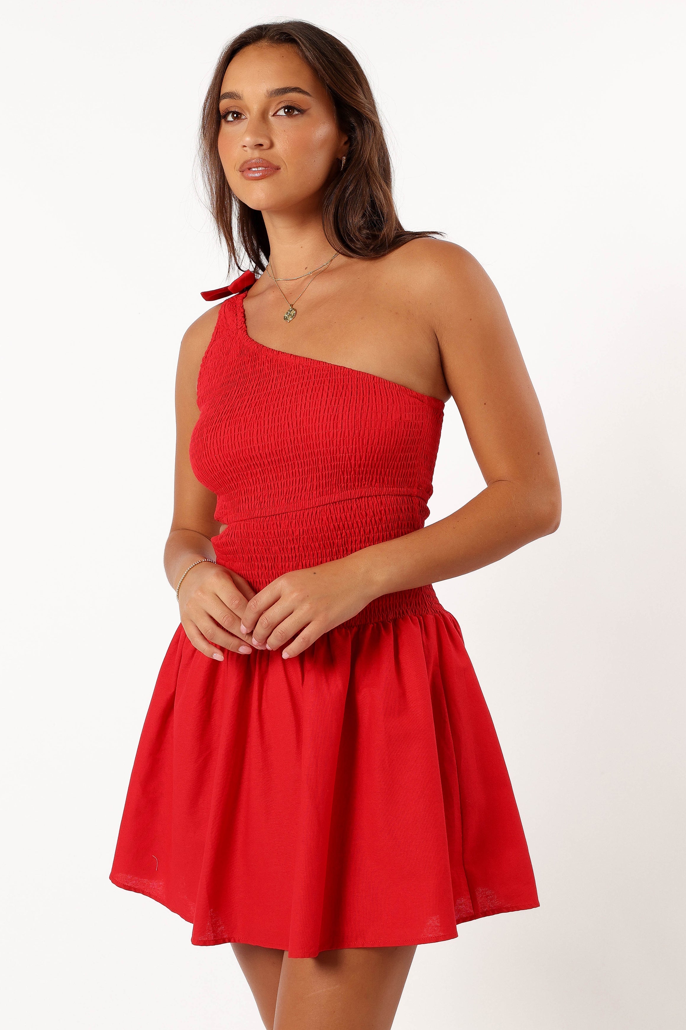 DRESSES @Allison One Shoulder Mini Dress - Red