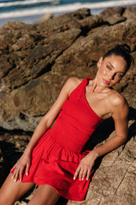 DRESSES @Allison One Shoulder Mini Dress - Red (Hold for Euro Summer)