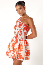 DRESSES @Alvaro One Shoulder Mini Dress - Orange Print