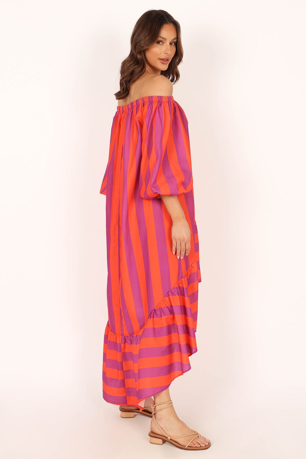 DRESSES @Alysa Off Shoulder Midi Dress - Coral Stripe