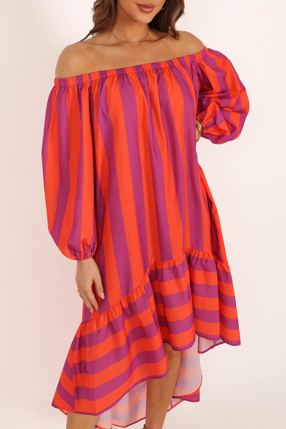 DRESSES @Alysa Off Shoulder Midi Dress - Coral Stripe