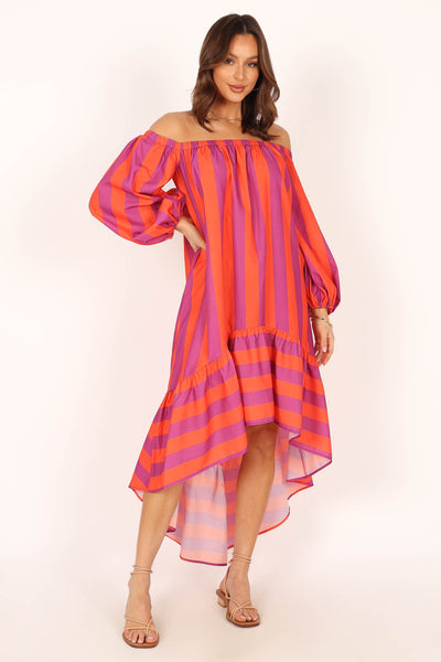 Alysa Off Shoulder Midi Dress Coral Stripe Petal Pup